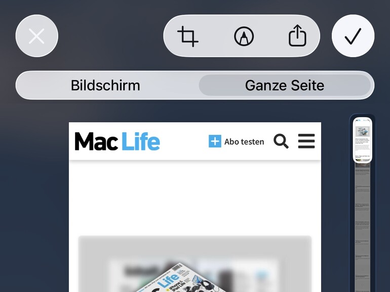Erstellen Sie in Safari einen Screenshot und tippen Sie auf „Ganze Seite“, um die Aufnahme zu erweitern.
