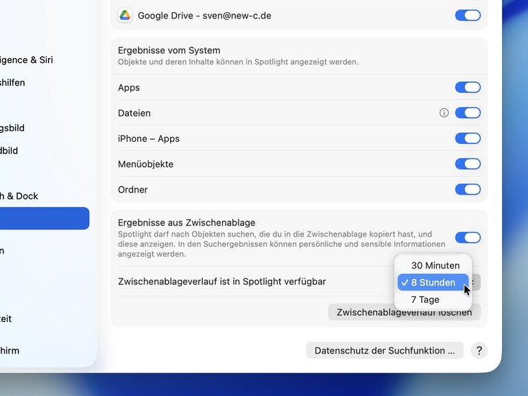 Spotlight kann auch den Inhalt Ihrer Zwischenablage durchsuchen.