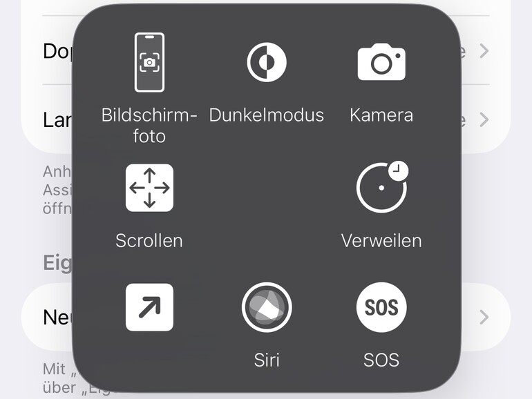 Der virtuelle Home-Button (aktivierbar in den Bedienungshilfen) bietet eine Vielzahl von Optionen.