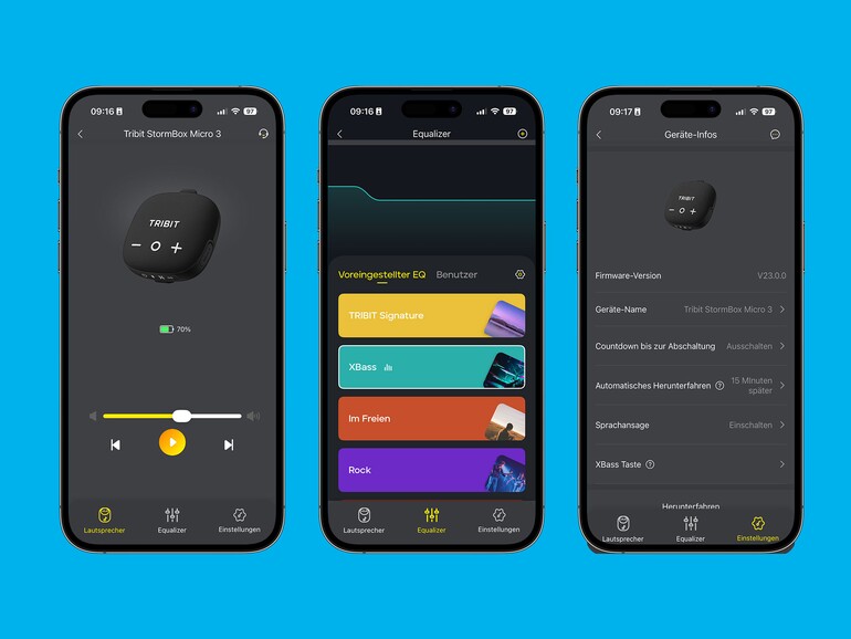 Die Tribit-App bietet Lautstärkeregelung, einen neunbandigen Equalizer mit Voreinstellungen wie „XBass" oder „Im Freien" sowie Geräteinfos und Sleep-Timer – übersichtlich und schnell eingerichtet.