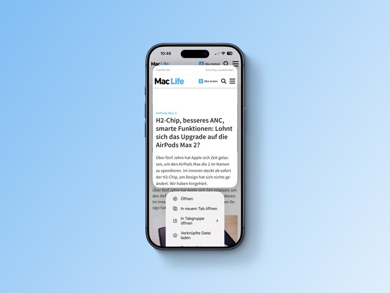 Mit einem aufgelegten Finger öffnen Sie Menüs in verschiedenen Kontexten, wie hier zur Vorschau in Safari.