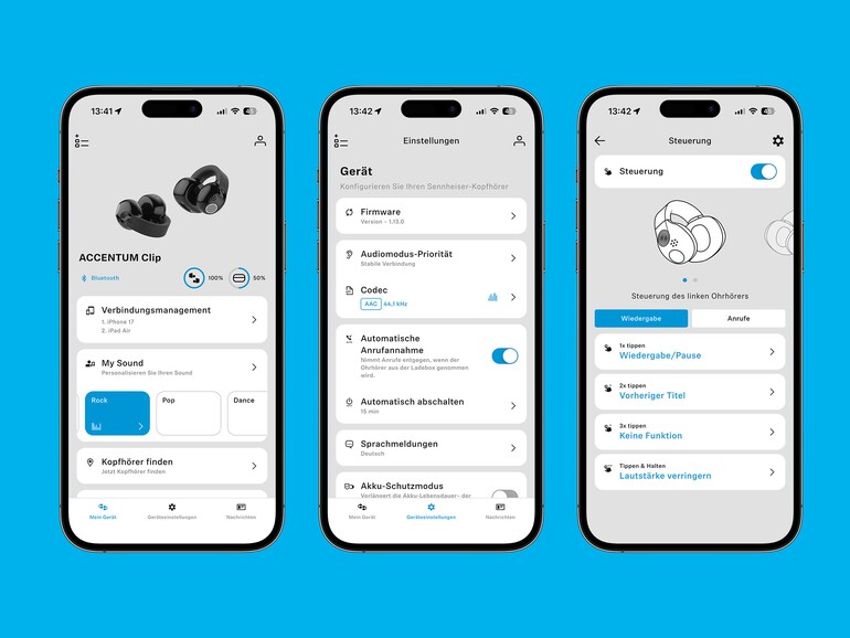 In Smart Control Plus wählen Sie Klangprofile, prüfen den aktiven Codec und belegen die Tippgesten neu. Wichtig im Alltag: Die empfindliche Steuerung lässt sich hier komplett abschalten.