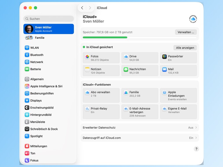Im iCloud-Bereich der Systemeinstellungen legen Sie fest, welche Apps über iCloud synchronisieren, und behalten die Speichernutzung im Blick.