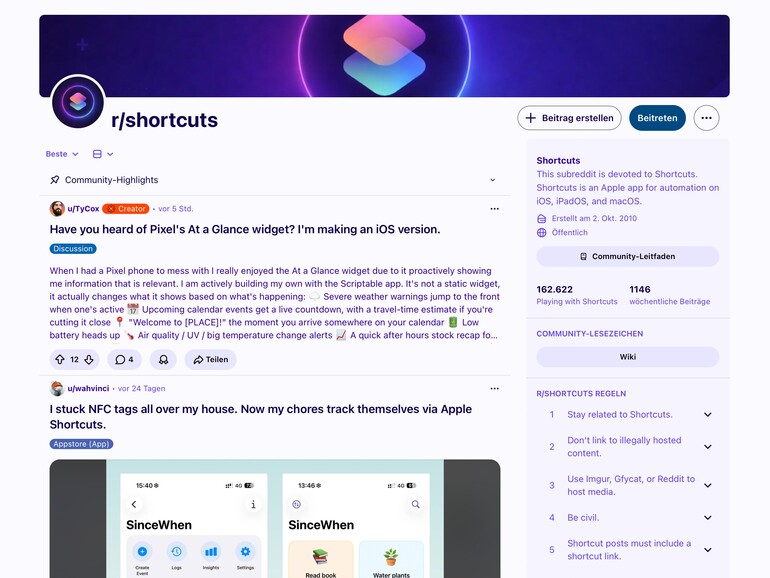 Das Board r/shortcuts auf Reddit ist ein toller Ort, um Kurzbefehle zu entdecken und sich darüber auszutauschen.
