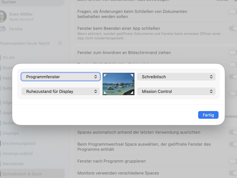 Lösen Sie bestimmte Aktionen auf dem Mac schnell über „Systemeinstellungen > Schreibtisch & Dock > Aktive Ecken“ aus.
