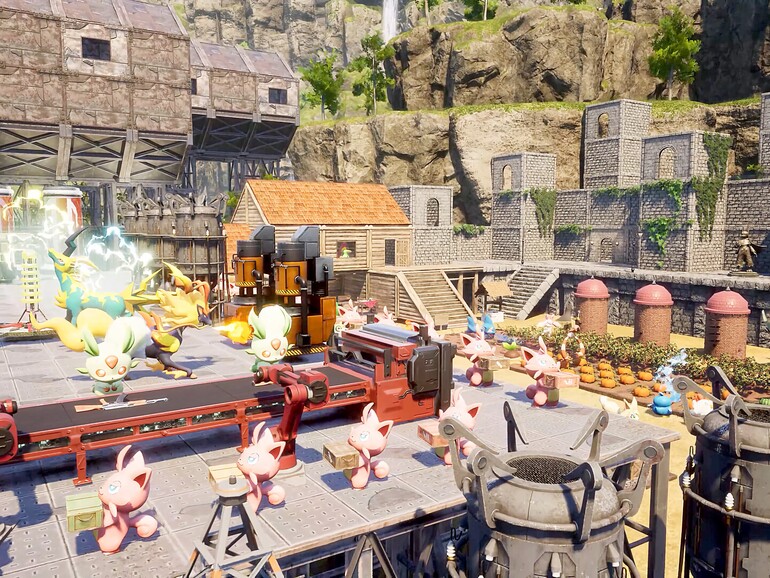 Pals arbeiten, kämpfen und bedienen die Maschinen: Die Automatisierung trägt das Spiel deutlich weiter als jede Handlung.