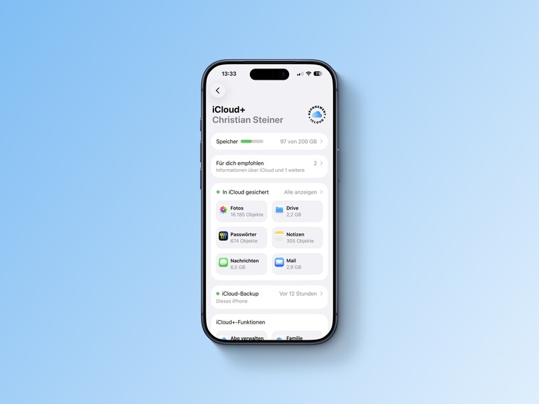 In den Geräteeinstellungen finden Sie eine Übersicht aller iCloud-Funktionen und der iCloud-Speichernutzung.