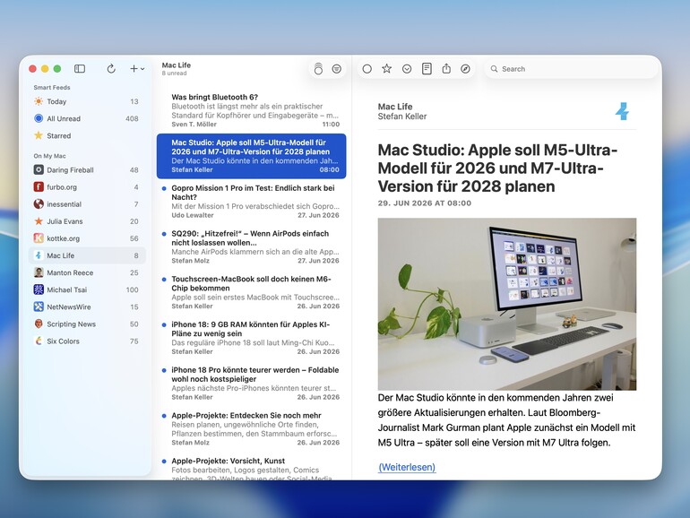 RSS-Apps für den Mac wie Netnewswire nutzen den zusätzlichen Platz auf dem Bildschirm häufig mit mehrspaltigen Ansichten optimal aus.