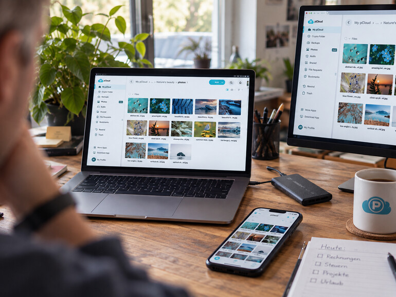 Am Mac starten, am iPhone betrachten und vom alten PC noch geschwind die Daten sichten - pCloud sorgt dafür, dass alles an einem Platz gespeichert wird.