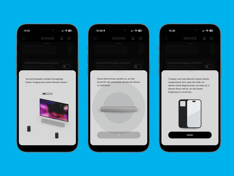 Die Sonos-App bindet Surround-Lautsprecher wie die Era 100 in wenigen Schritten ein. Für Trueplay sollten Sie die Hülle vom iPhone abnehmen und für Ruhe im Raum sorgen.