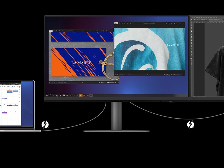 Vom Notebook zum ersten Monitor, von dort zum zweiten: Per Thunderbolt-Kette laufen zwei 4K-Bildschirme an einem einzigen Anschluss des Rechners. Das spart Kabel und Ports am MacBook.