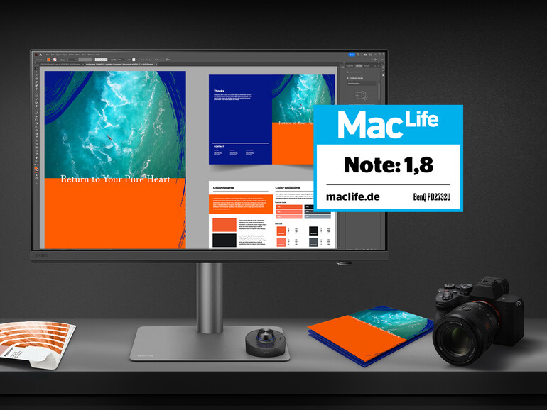 Für Fotografie, Layout und Druckvorstufe gebaut: Der PD2732U deckt laut Hersteller 99 Prozent von Adobe RGB ab. Der kabellose Hotkey Puck, hier auf dem Standfuß geparkt, wechselt die Farbmodi per Knopfdruck.