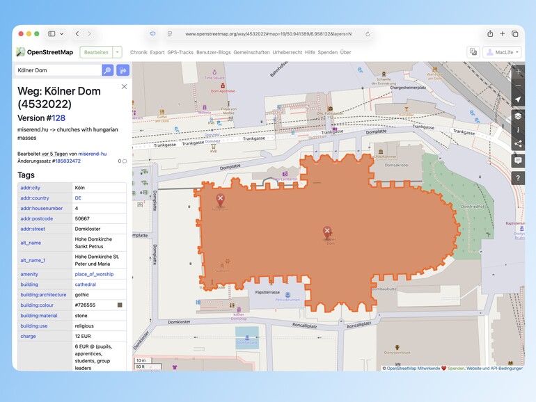 Der OpenStreetMap-Eintrag für den Kölner Dom punktet mit detaillierten Informationen zum Gebäude und der Umgebung.