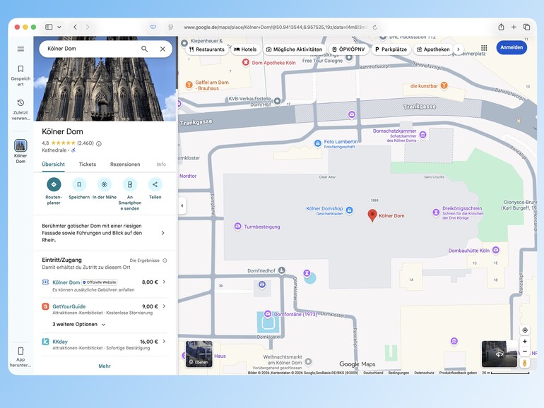 Bei Google Maps besitzt er einen simplen Umriss, liefert aber Möglichkeiten zum Ticketkauf.