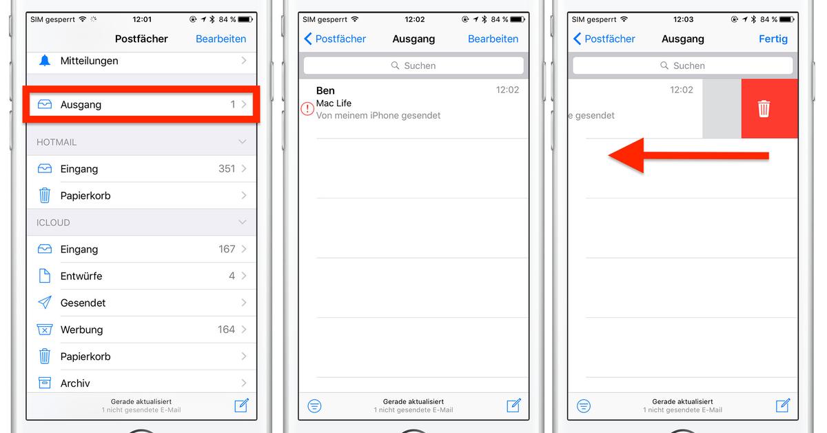 e mal hangt im postausgang am iphone