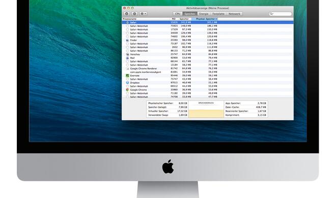 Die Aktivitätsanzeige, zu finden im Ordner „Dienstprogramme“ im Programm-Verzeichnis, verrät den aktuellen Speicherbedarf der laufenden Apps.