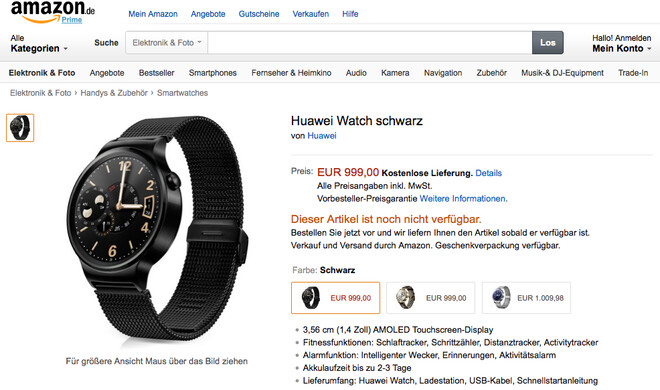 Die 1.000-Euro Huawei Watch kann ab sofort auf Amazon.de vorbestellt werden