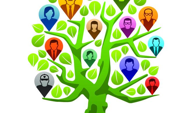 Bei der Fächeransicht wird die ausgewählte Person in der Mitte und Nachkommen oder Vorfahren in Kreissegmenten angeordnet.