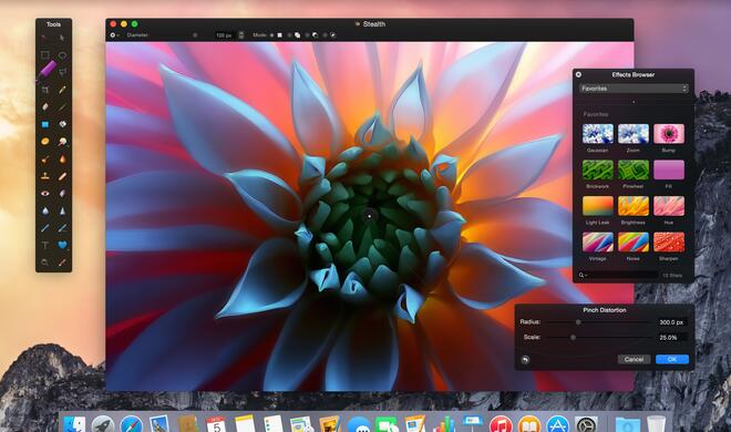 Effekte von oben links nach unten rechts: Bewegung, Wölben, Mandala, Sonnenstrahlen, Comic und Kreisform