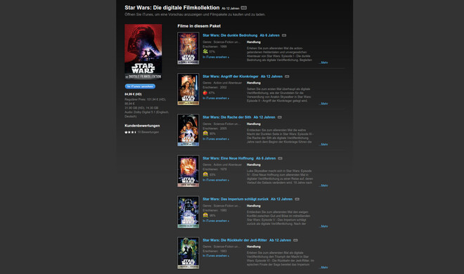 Seit dem heutigen Freitag dem 10. April sind alle sechs Filme der Star Wars-Trilogie auf iTunes verfügbar