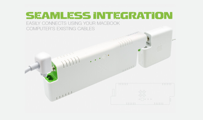 Um das MacBook mithilfe des Akku-Packs zu laden, muss der Nutzer das Chug Plug mit einem Drücken des Power-Knopfes aktivieren