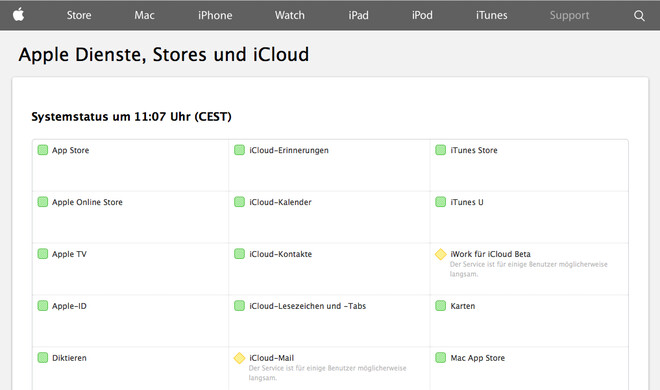 Auf der offiziellen Webseite "Apple Dienste, Stores und iCloud" listet Apple die Schwierigkeiten auf ...