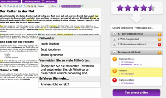 Lingulab im Einsatz: Note als Sterne, darunter Tipps für die Verbesserung des analysierten Textes.