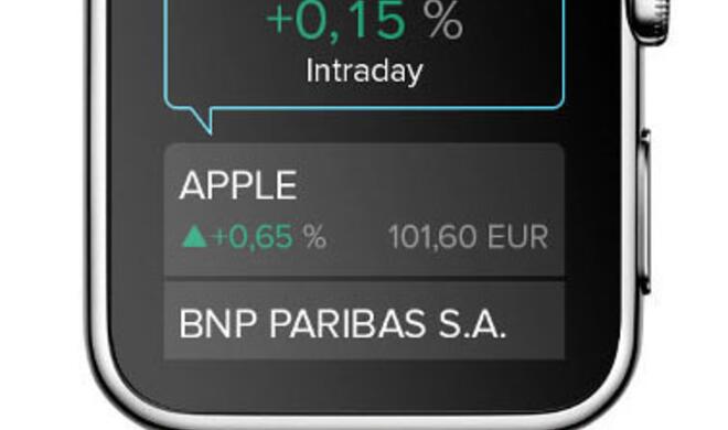 Aktien, die man besitzt oder die von Interesse sind, können in einer Merkliste hinterlegt werden und befinden sich auf der Apple Watch im Schnellzugriff.