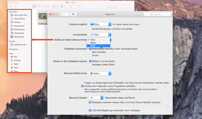 Sie können das Erscheinungsbild von OS X 10.10 Yosemite manuell anpassen