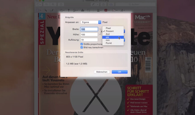 In OS X 10.10 Yosemite können Sie die Größe des Bildes manuell anpassen