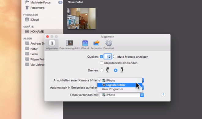 OS X erkennt automatisch, wenn sie eine Kamera an den Mac anschließen