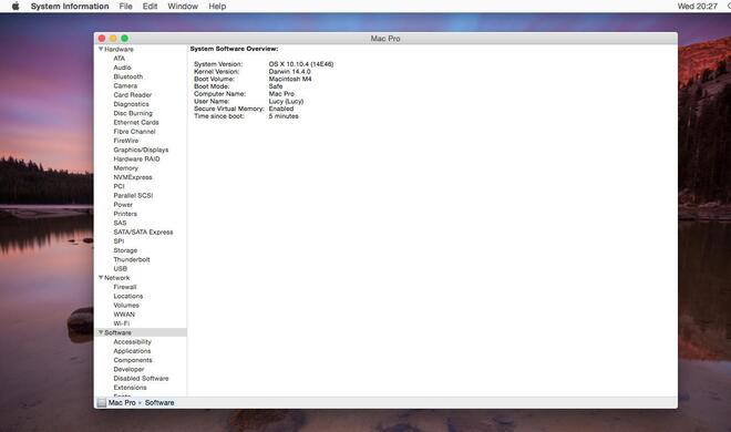 Nachdem Sie den gesicherten Modus genutzt und neu gestartet haben, können Sie anhand der System-Info sehen, ob OS X normal gestartet ist.