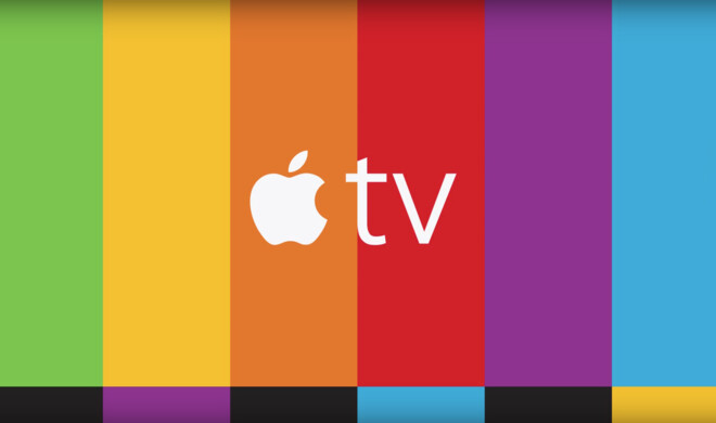 Das Apple TV-Logo vor einem Fernsehtestbild