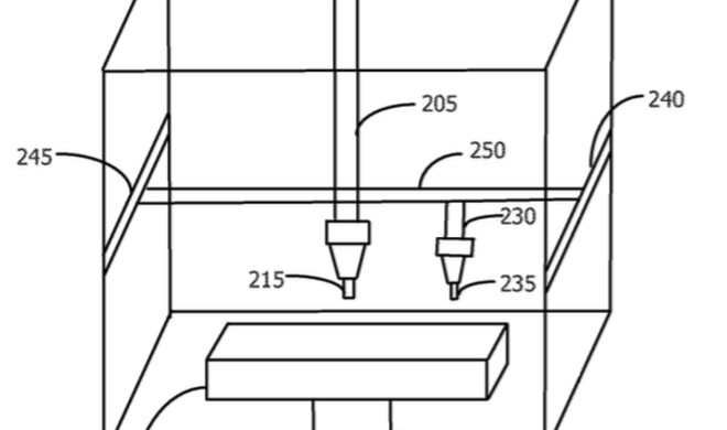 Schematischer Aufbau des 3D-Farbdruckers aus dem Patentantrag 20150343704