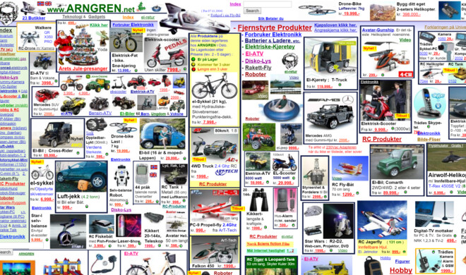 ARNGREN ist ein norwegischer Online-Shop mit veraltetem Menüdesign an der linken Seite. Die Webseite selbst ist völlig überladen und versucht diese Unmengen an winzigen Bildern auch noch durch eine komplett chaotische Anordnung aufzulockern.