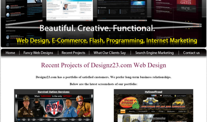 Diese Webseite sieht auf den ersten Blick schlimm aber nicht furchtbar aus – bis man genauer hinsieht. Die Seite will nämlich ein Webdesign-Portfolio verkaufen und die abgebildeten Beispiel-Seiten sind mindestens seit zehn Jahren veraltet. Außerdem hat der Betreiber der Seite das „s“ in „Designs“ durch ein „z“ ersetzt. Vermutlich wurde Designz23 also einmal von einem Teenager erstellt und seitem nicht mehr verändert. Die Anzeichen sind zumindest nicht ganz von der Hand zu weisen.