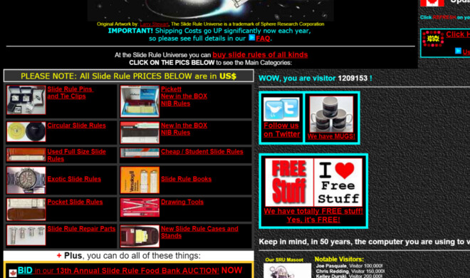 Eine 90er-Jahre-Seite in reinster Form, beinahe eine Vorlage für ein Museum. Der graue gemusterte Hintergrund, die rote und türkise Schrift auf schwarzem Grund, die winzigen Bilder erwecken beinahe nostalgische Gefühle. Immerhin nimmt sich die Seite, die Rechenschieber verkauft, selbst nicht ganz ernst.