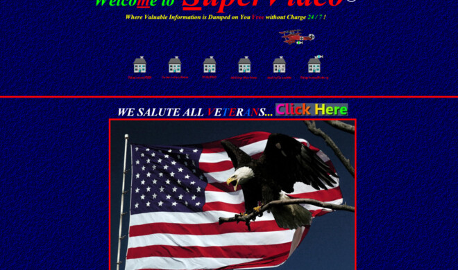 Ein weiteres Beispiel für das 90er-Jahre-Internet: blauer, gemusterter Hintergrund, schlechte, verpixelte weil zu kleine und ruckelnde Flash-Animationen, verschiedene Farben bei unterschiedlichen Buchstaben in einem einzigen Wort – es ist einfach alles da.