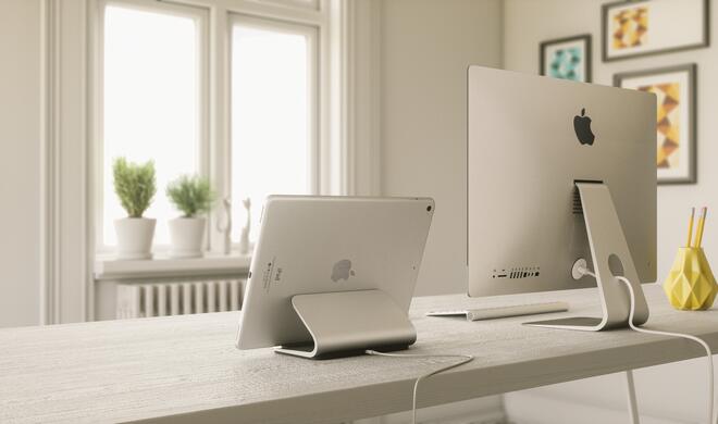 Unser favorisiertes Einsatz-Szenario: Das iPad Pro in der Logi Base als externer Mac-Bildschirm