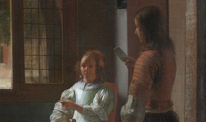 Man Handing a Letter to a Woman in the Entrance Hall of a House.