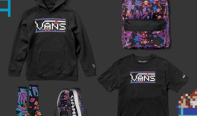 Für dunklere Zeitgenossen auch mit Hoodie. Weiteres Donkey-Kong-Motiv in Kleidung und Accessoires von Vans.