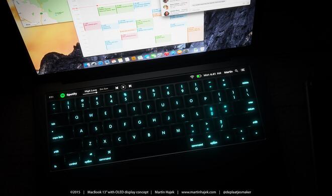 OLED-Touchleiste am MacBook Pro in dunkler Umgebung.