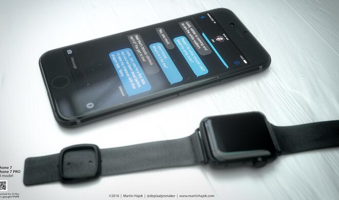 Fast schwarzes iPhone 7 neben eine Space Black Apple Watch.