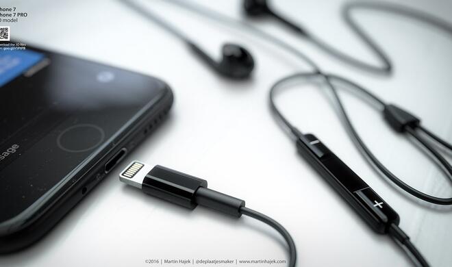 iPhone 7 in Schwarz mit schwarzen Lightning EarPods.