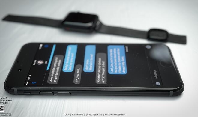 Fast schwarzes iPhone 7 neben eine Space Black Apple Watch.