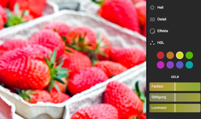 Polarr glänzt mit einer großen Arbeitsfläche: Links davon ist die Filterübersicht und -vorschau, rechts finden sich Korrekturwerkzeuge für ambitionierte Anwender. Beide Sammlungen lassen sich ausblenden.