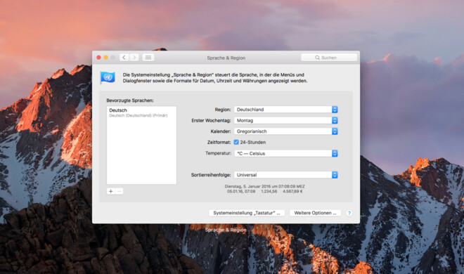 Einstellungen für Sprache und Region in macOS Sierra