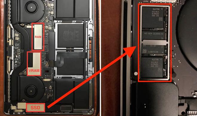 MacBook Pro 15 Zoll von innen mit gelöteter SSD