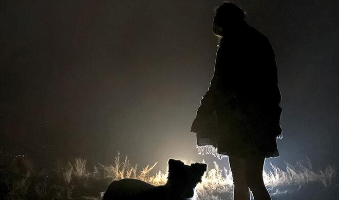 Mit dem iPhone 7 (Plus) aufgenommen: Silhouette von Frau und Hund in der Nacht