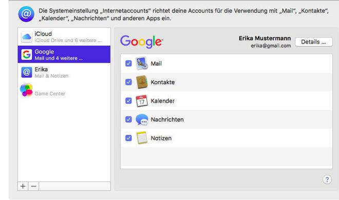 Ein Google-Account lässt sich auch in diverse macOS-Dienste von Mail bis zu Notizen einbinden und alternativ zu iCloud nutzen.